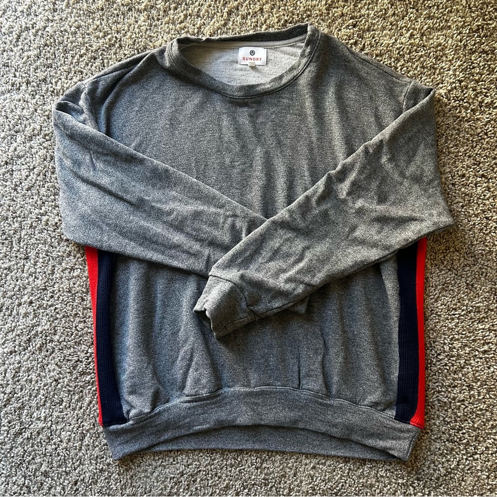 Sundry Gray Crewneck Sweater with Red & Navy Side Panels